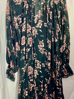 Free People Dark Green Floral Ruffle-Sleeve Maxi Dress with Pink Blooms